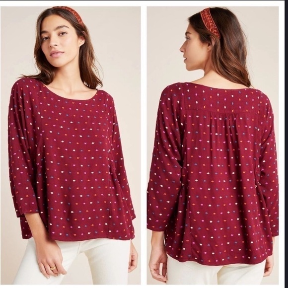 Anthropologie Maeve Dottie Embroidered Polka Dot Blouse - Picture 1 of 9